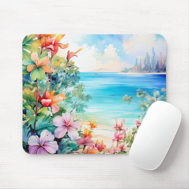 Beach Tropical Island Hibiscus Floral  Mouse Mat (With Mouse)
