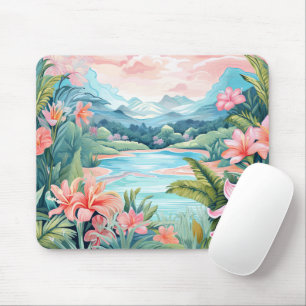 Beach Tropical Island Jungle Mountains Floral Mouse Mat