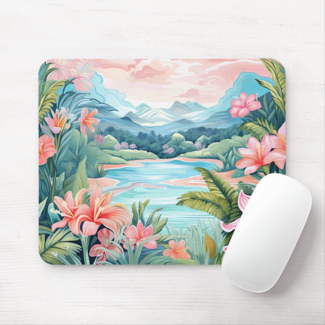 Beach Tropical Island Jungle Mountains Floral Mouse Mat (With Mouse)