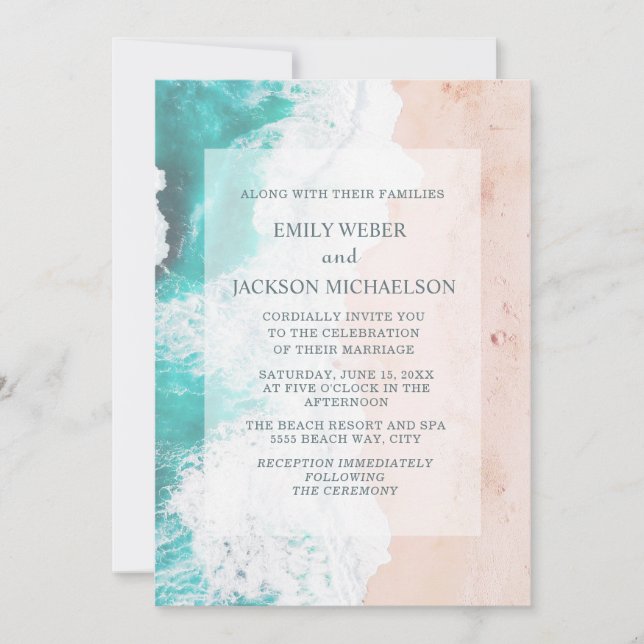 Beach Tropical Ocean Teal White Brown Wedding Invitation (Front)