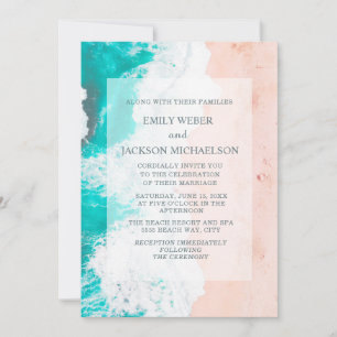 Beach Tropical Ocean Teal White Brown Wedding Invitation