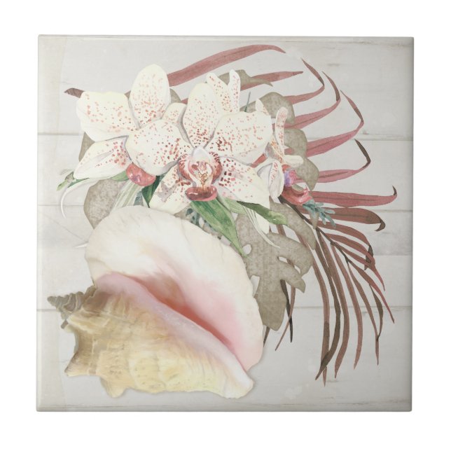 Beach Tropical Orchid Floral Conch Seashell Wooden Tile (Front)