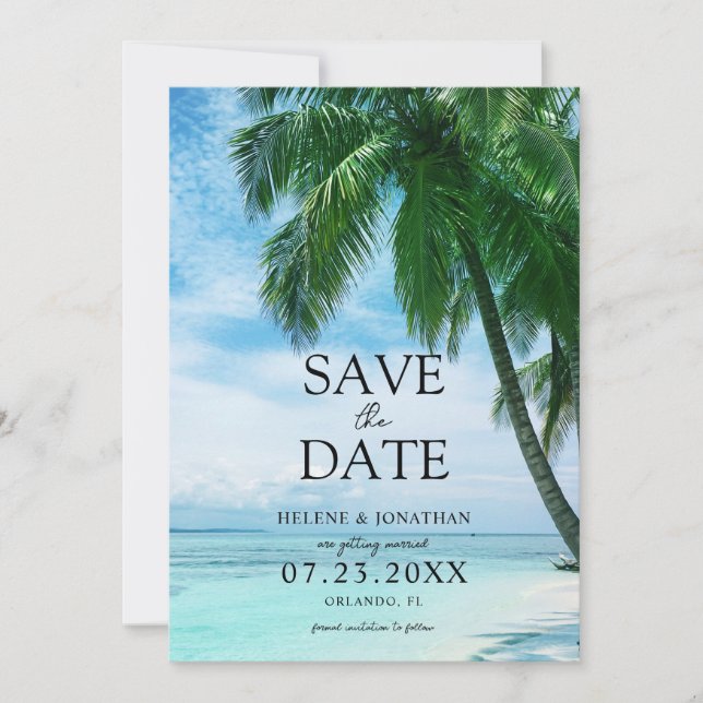 Beach Tropical Palm Tree Destination Wedding Save The Date (Front)