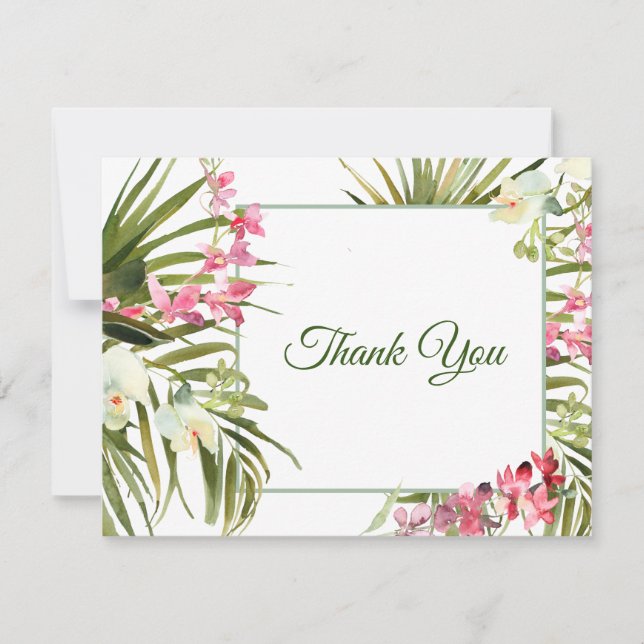 Beach Tropical Pink White Floral Orchids Elegant Thank You Card (Front)