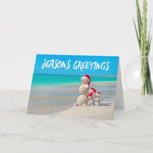Beach Tropical Snowman Sand Seasons Greetings Card (Front)