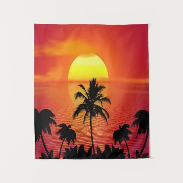 Beach Tropical Sunset Sunrise Palm Trees Island Tapestry (Front)