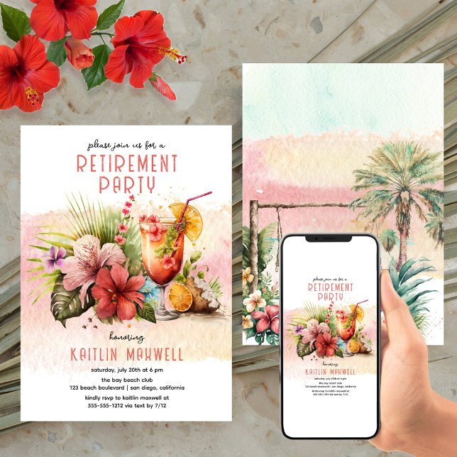 Beach Tropical Themed Cocktails Retirement Party Invitation (Creator Uploaded)