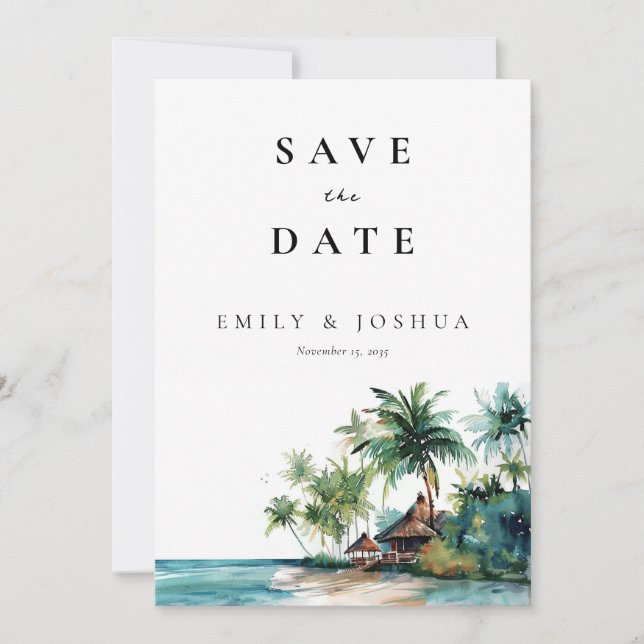 Beach Tropical Watercolor Wedding Save The Date (Front)