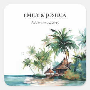 Beach Tropical Watercolor Wedding Square Sticker