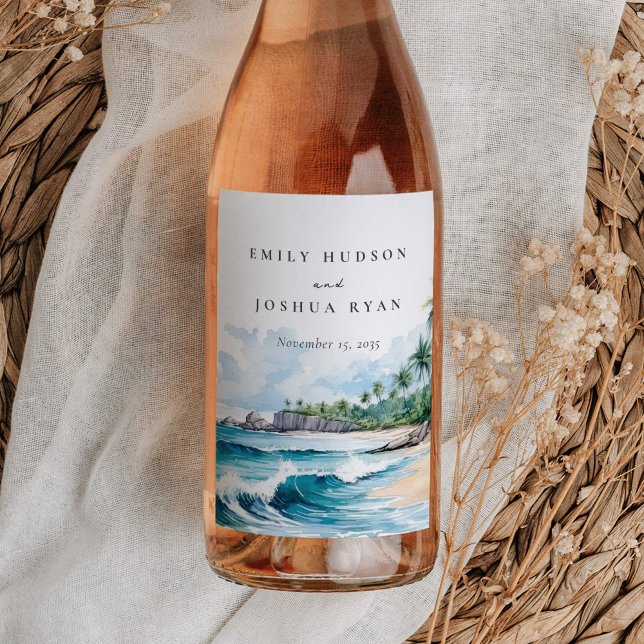 Beach Tropical Watercolor Wedding Wine Label (Creator Uploaded)