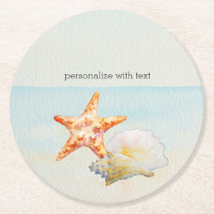 Beach Tropical with Starfish and Conch Round Paper Coaster