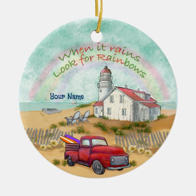Beach Truck Lighthouse Ceramic Tree Decoration (Front)