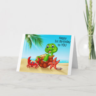 BEACH TURTLE SAYS *HAVE FUN ON YOUR 1st BIRTHDAY* Card