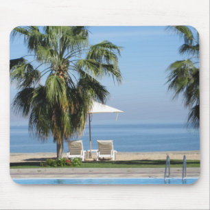 Beach Umbrella and Chairs, Palm Trees, Ocean Mouse Mat