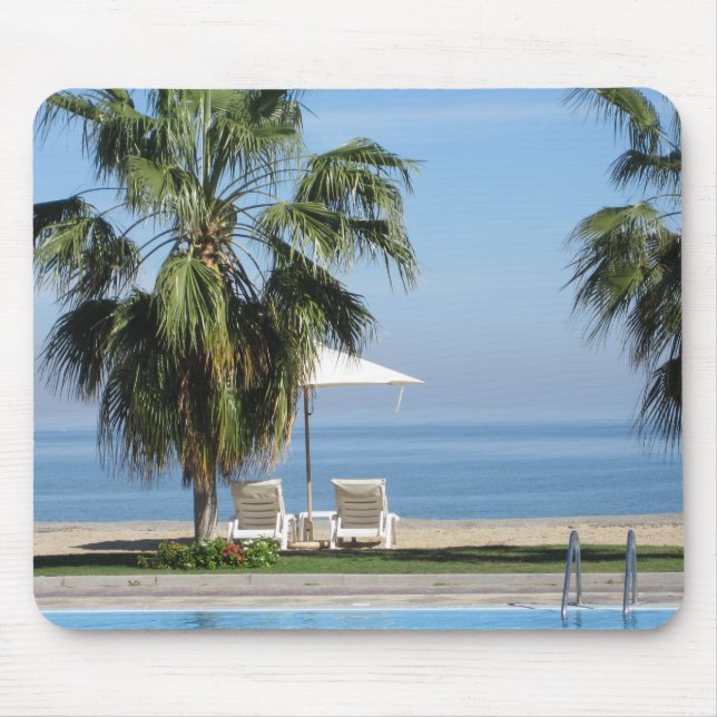 Beach Umbrella and Chairs, Palm Trees, Ocean Mouse Mat (Front)
