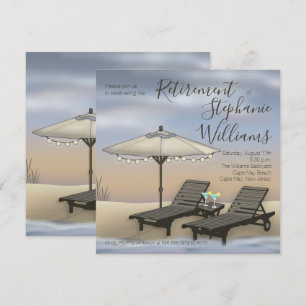 Beach Umbrella   Lights   Chairs Sunset Retirement Invitation