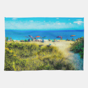 Beach Umbrellas along the Ocean Tea Towel
