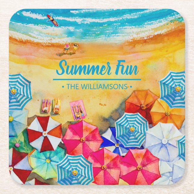 Beach Umbrellas Sand Square Paper Coaster (Front)