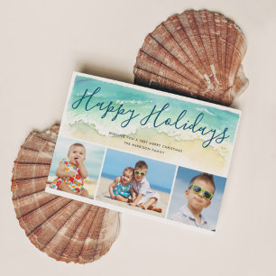 Beach Vacation Happy Holidays Coastal 3-Photos Holiday Card