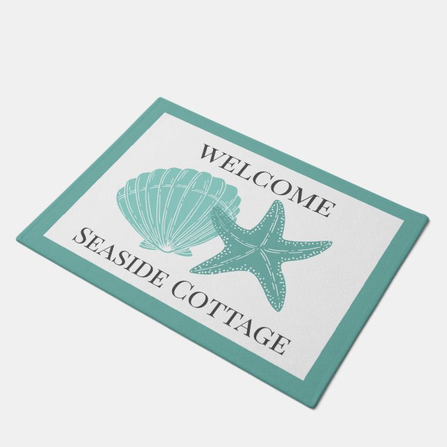 Beach Vacation Rental Aqua Shells Personalised Doormat (Angled)