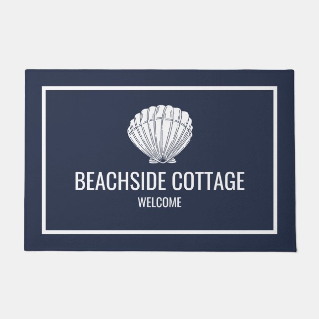Beach Vacation Rental Navy Shell Modern Airbnb Doormat (Front)