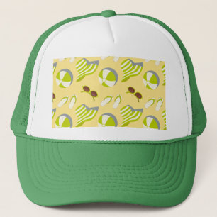 Beach vacay pattern with sunglasses and sun hat 