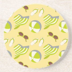 Beach vacay pattern with sunglasses and sun hat coaster