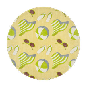Beach vacay pattern with sunglasses and sun hat cutting board