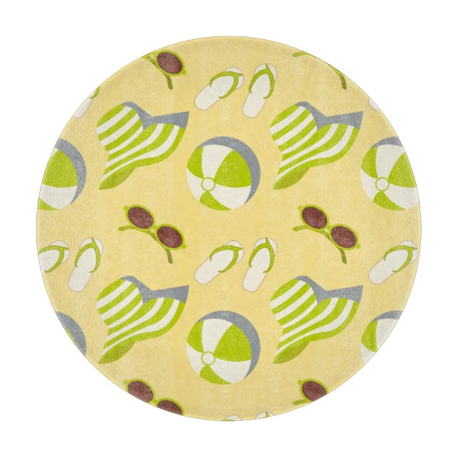 Beach vacay pattern with sunglasses and sun hat cutting board (Front)