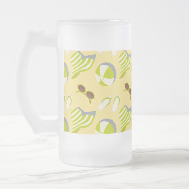 Beach vacay pattern with sunglasses and sun hat  frosted glass beer mug (Left)