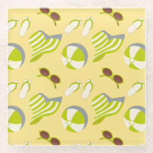 Beach vacay pattern with sunglasses and sun hat glass coaster