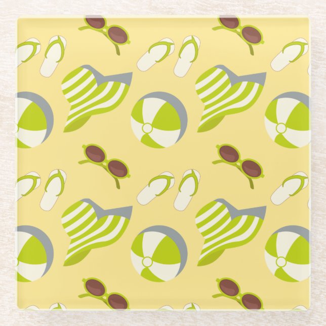 Beach vacay pattern with sunglasses and sun hat glass coaster (Front)