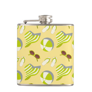 Beach vacay pattern with sunglasses and sun hat hip flask