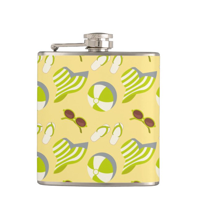 Beach vacay pattern with sunglasses and sun hat hip flask (Front)