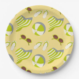 Beach vacay pattern with sunglasses and sun hat paper plate