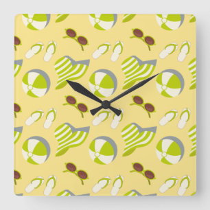 Beach vacay pattern with sunglasses and sun hat square wall clock