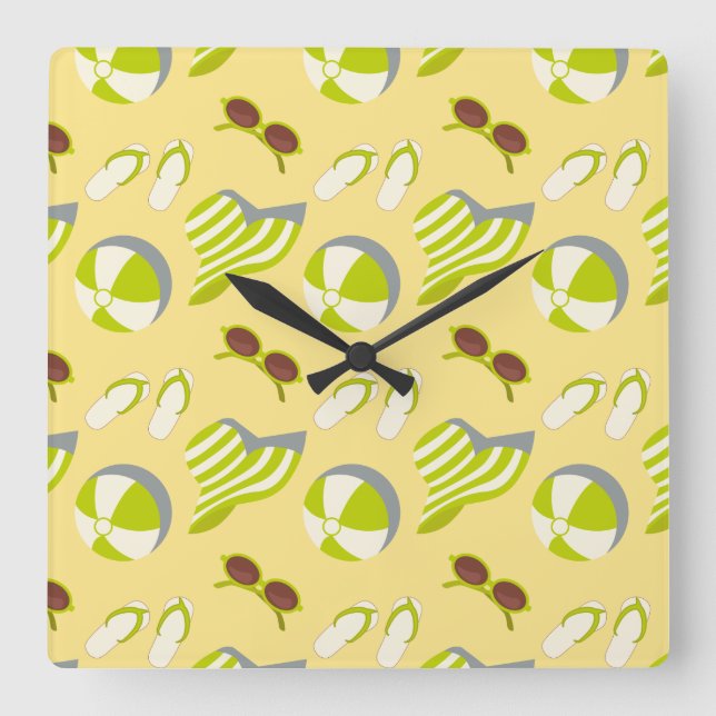 Beach vacay pattern with sunglasses and sun hat  square wall clock (Front)