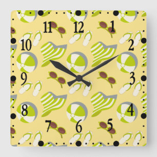Beach vacay pattern with sunglasses and sun hat  square wall clock