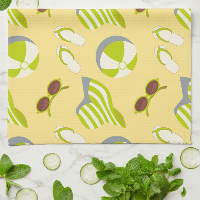 Beach vacay pattern with sunglasses and sun hat  tea towel (Folded)