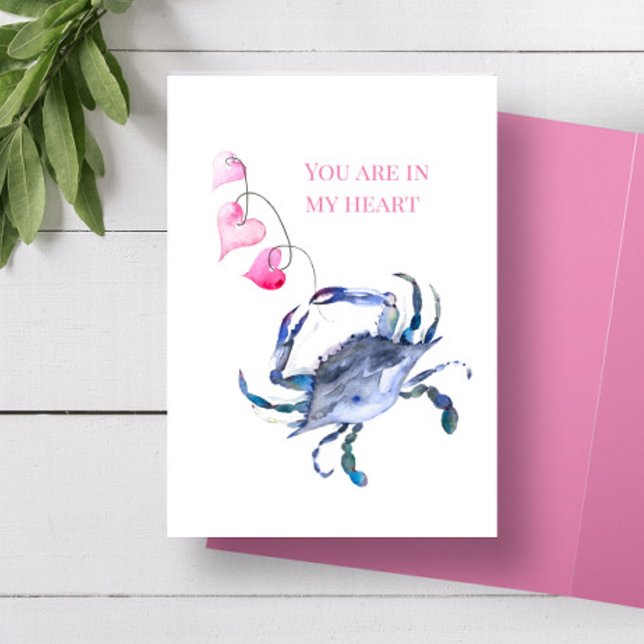 Beach Valentines Day Card Blue Crab and Hearts (Valentine's Day card features unique watercolor art by Victoria Grigaliunas of Do Tell A Belle)