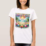 Beach Vibe Christmas In July  T-Shirt<br><div class="desc">Celebrate Christmas in July with tropical flair! This festive t-shirt features a playful design of palm trees, sandy beaches, twinkling holiday lights, and colourful ornaments. Whether you're lounging by the pool or heading to a midyear holiday bash, it's the perfect blend of summer style and yuletide cheer. Soft, comfy, and...</div>