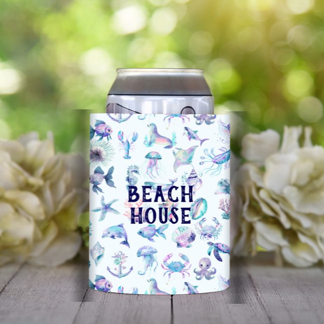 Beach Vibe Pastel colours sea animals pattern Can Cooler (Creator Uploaded)