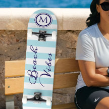 Beach Vibes Blue White Striped Cool Monogram