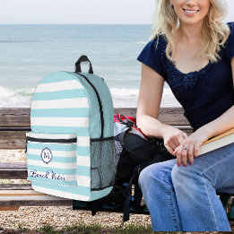 Beach Vibes Coastal Stripes Nautical Monogram Printed Backpack
