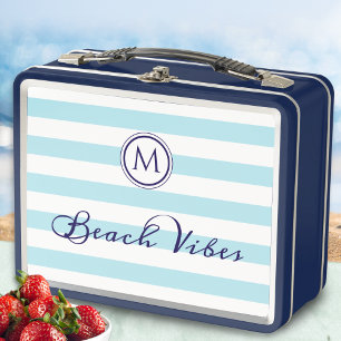 Beach Vibes Cool Blue White Stripes Monogram Metal Lunch Box