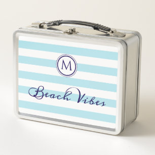 Beach Vibes Cool Blue White Stripes Monogram Metal Lunch Box