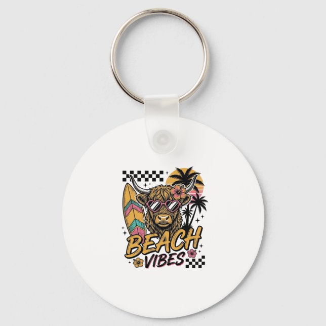 Beach Vibes Highland Cow Summer Vector Art_1 Key Ring (Front)