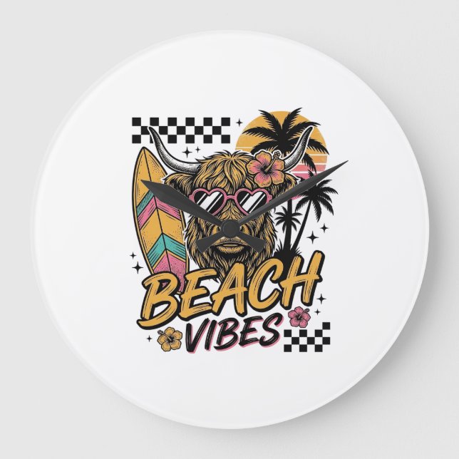 Beach Vibes Highland Cow Summer Vector Art_1 Large Clock (Front)