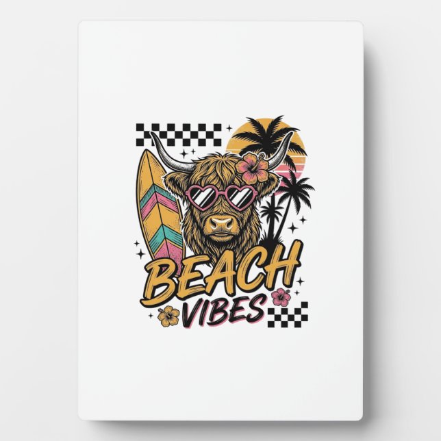 Beach Vibes Highland Cow Summer Vector Art_1 Plaque (Front)