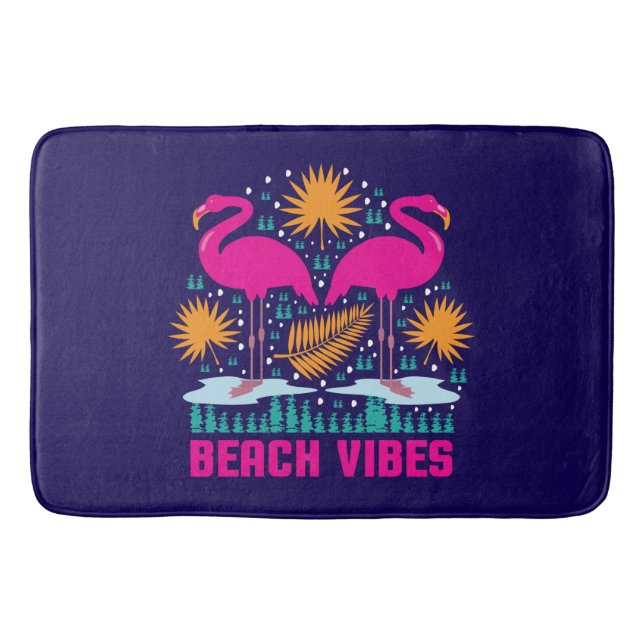 Beach Vibes Pink Flamingos Design Bath Mat (Front)